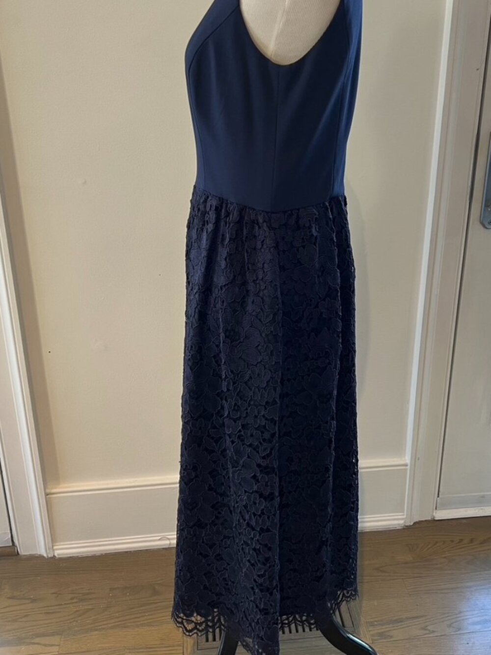Shoshanna Navy Blue Sleeveless Midi Dress w/Solid Bodice, A-Line Lace Skirt, S:4 - Picture 5 of 11